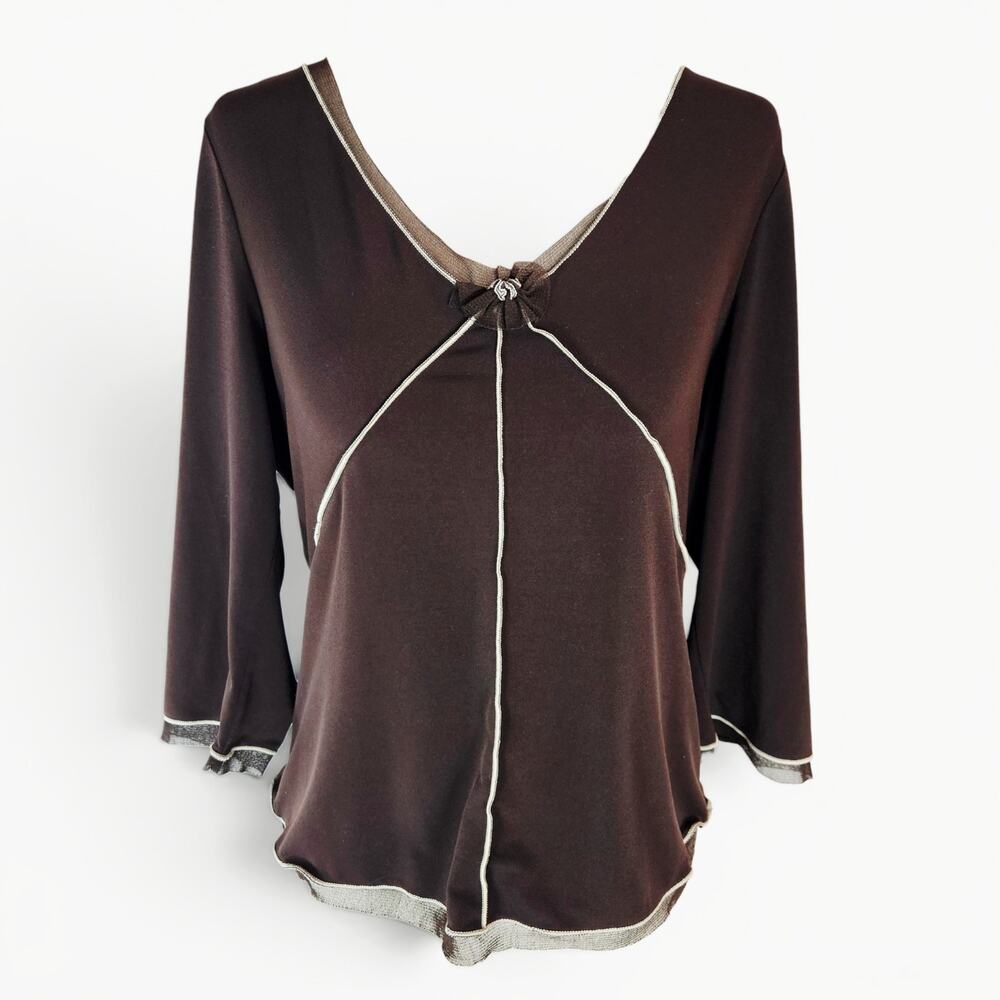 Y2k Fairycore Top Brown Mesh Detail Max Studio Half Sleeve - Size Large
